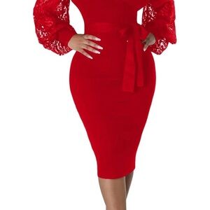 Red Lace-Sleeve Sheath Dress with Waist Tie - Women size Medium